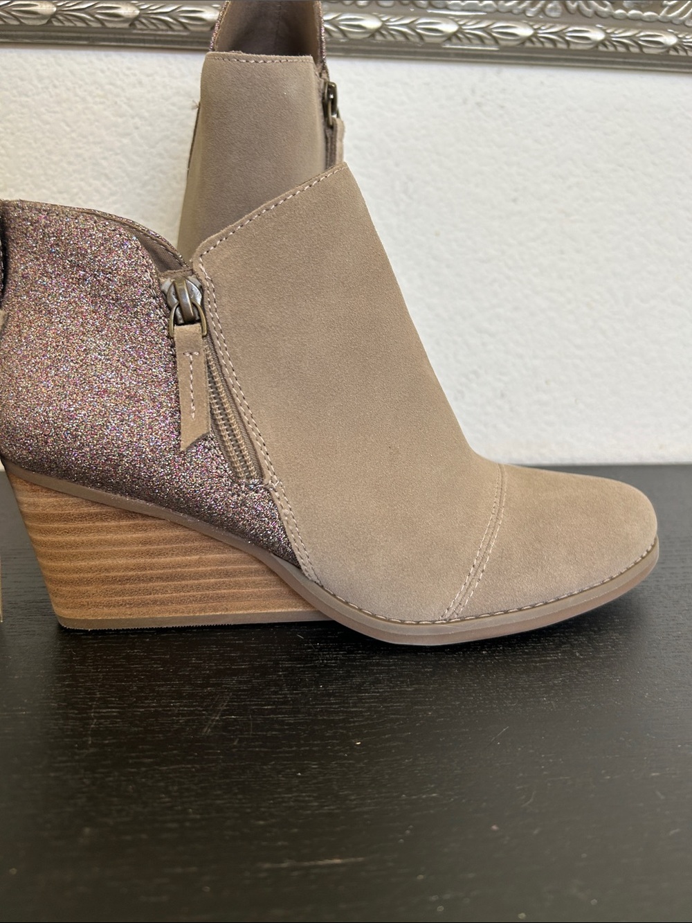 Toms Taupe Suede Ankle Booties with Multicolor Glitter Heel - Picture 1 of 6